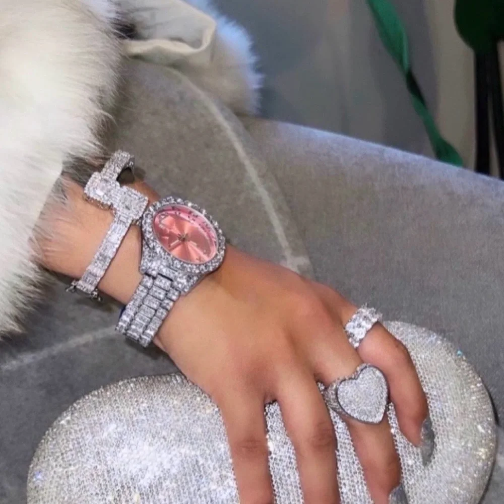 Elegant Pink and Silver Women's Watch and bracelet set 7inch